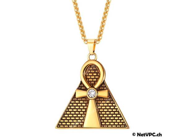 Ägyptische Pyramiden Ankh Halskette - Ankh Kreuzkette - Gold, Silber, Schwarz