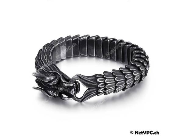 Bracelet homme dragon noir en acier inoxydable antique